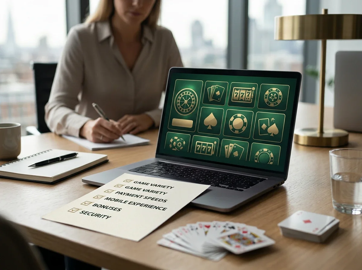 Neutral casino review desk with cards, checklist and mobile device
