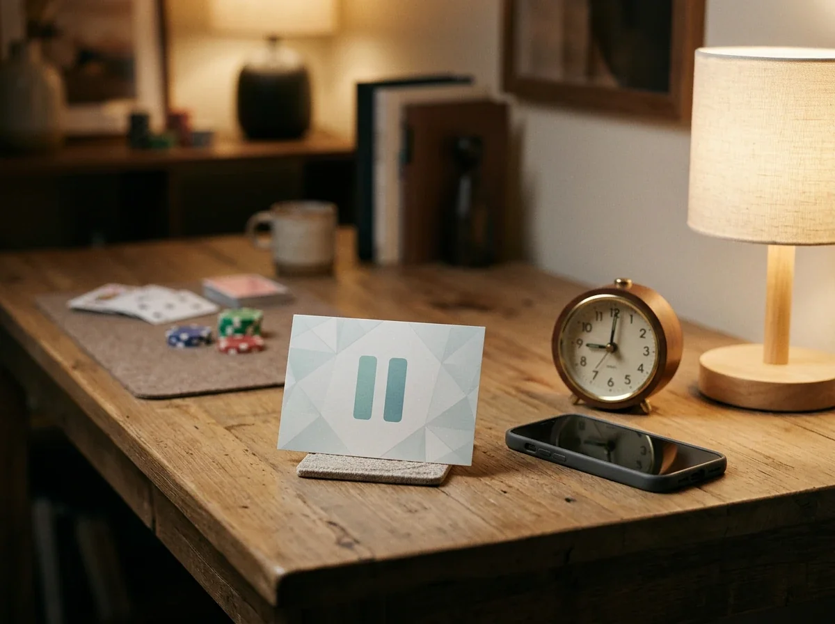 Responsible gambling reminder card with calm desk setting