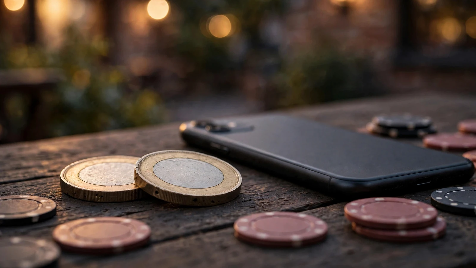 British two-pound coins and casino chips beside a face-down phone on a wooden table.