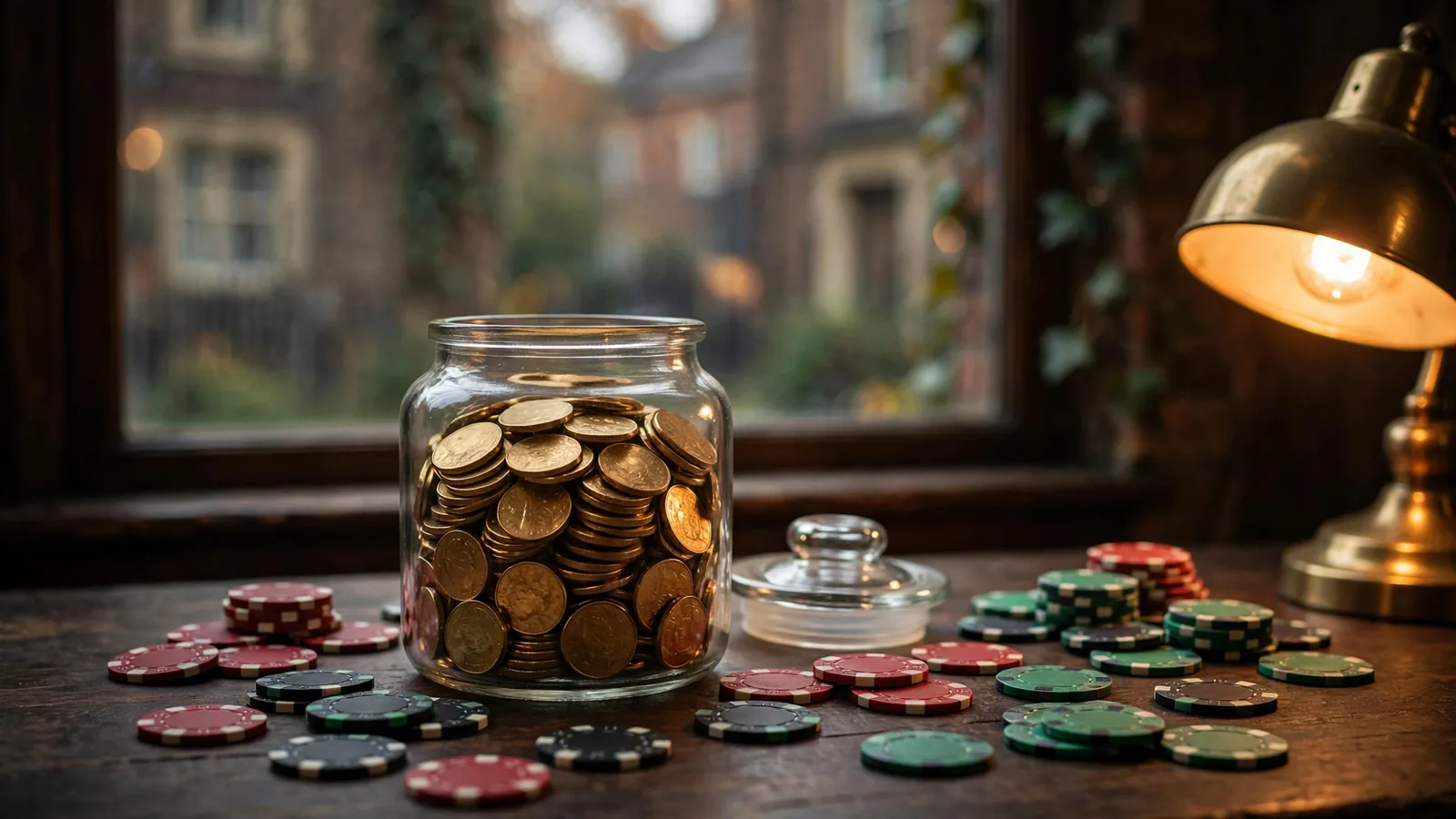 Jar of sixty gold coins and casino chips on a wooden desk with a British phone booth in the background.