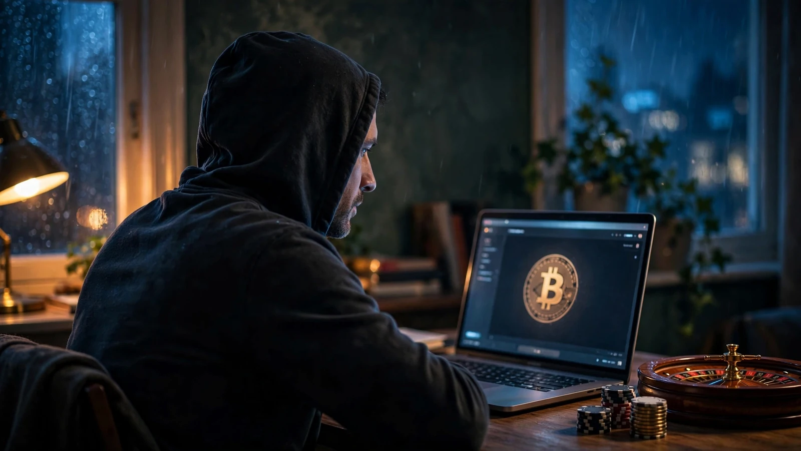 Anonymous figure using a laptop in a dark London flat with crypto and casino items nearby.