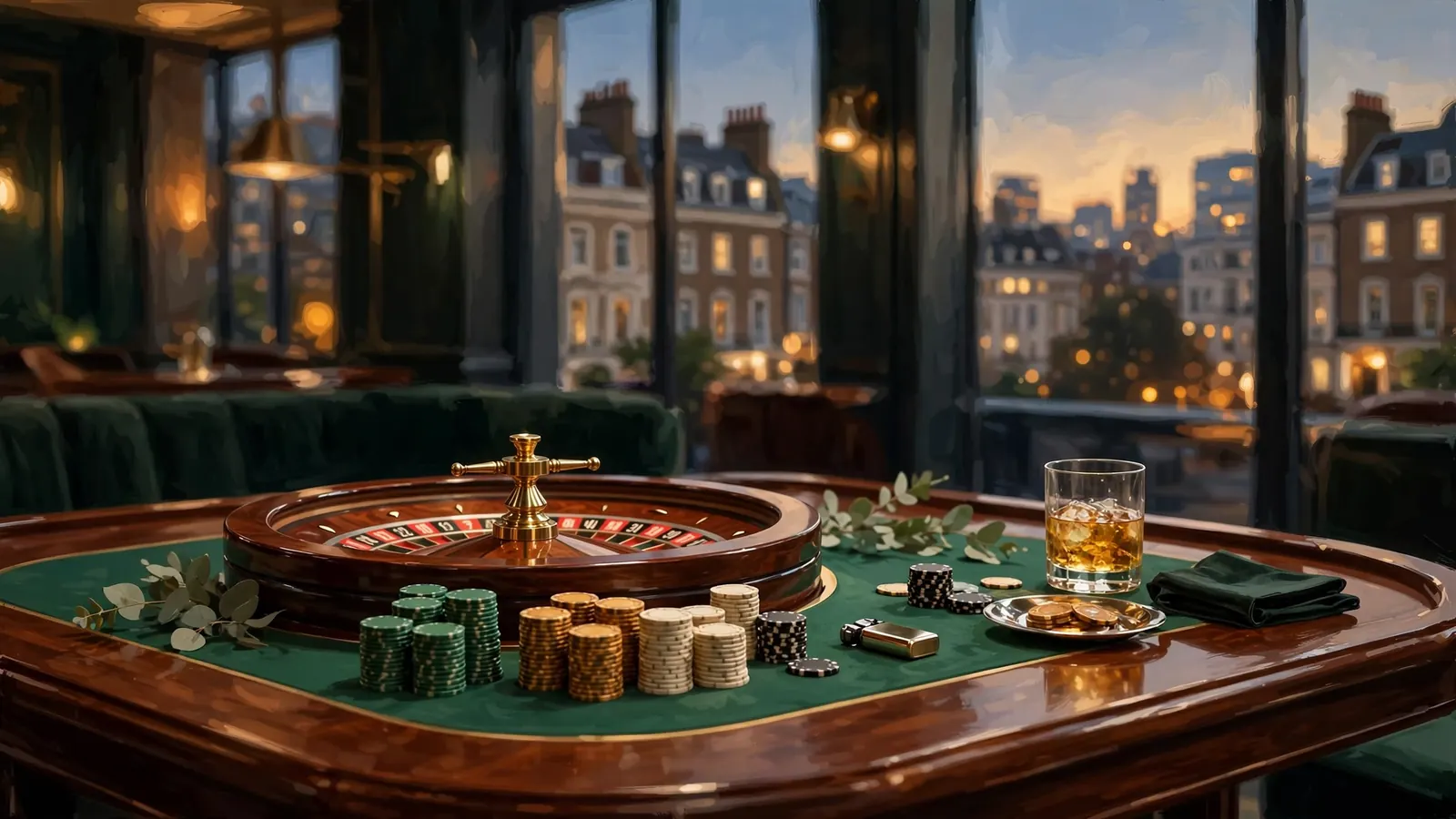 British casino lounge with chips, roulette wheel, and whisky glass at dusk