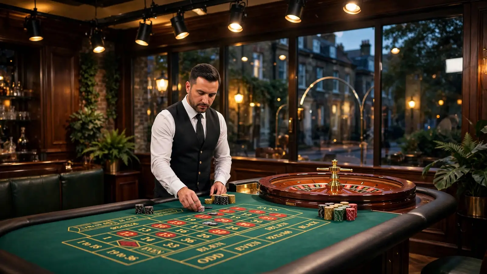 Dealer at a green roulette table in an elegant UK live casino studio