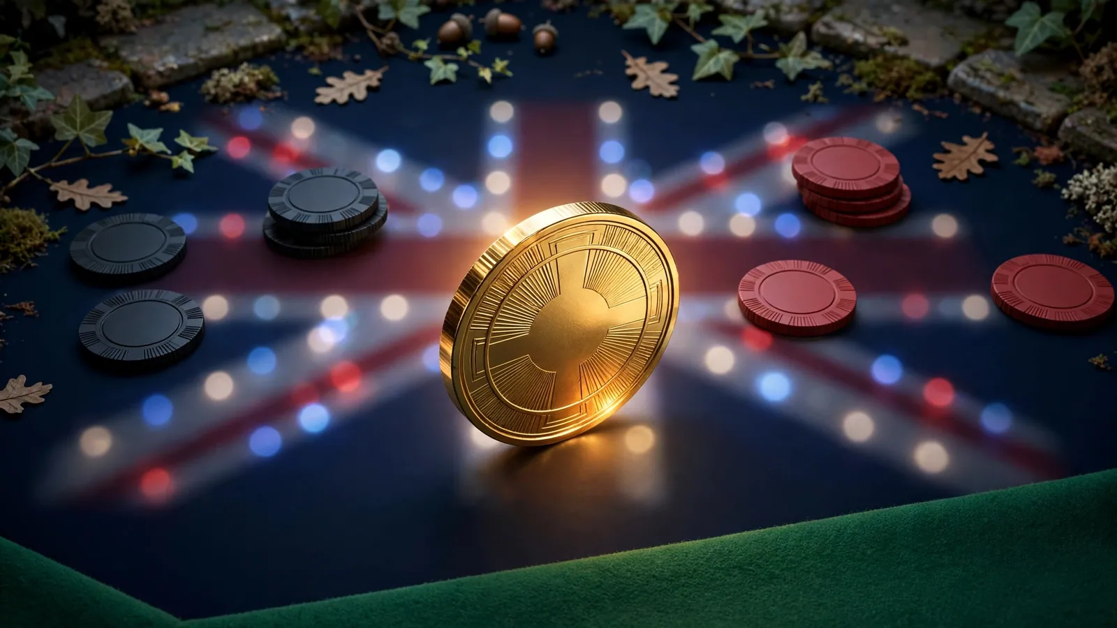 Gold BNB coin surrounded by casino chips on dark blue background