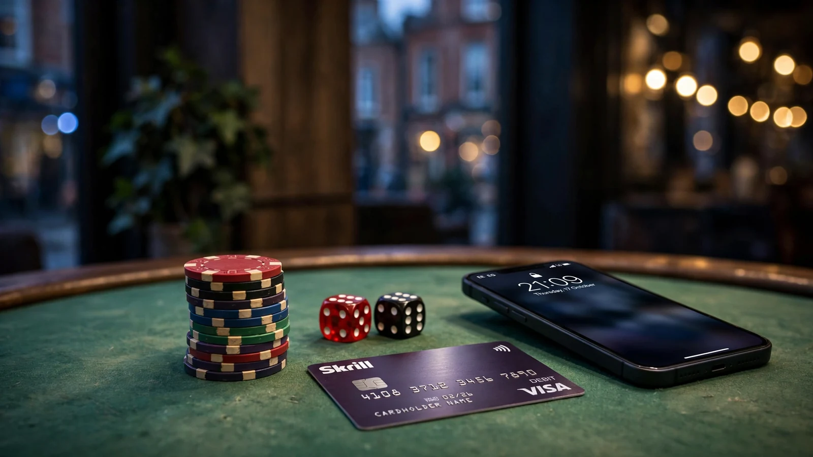 Casino chips, dice, and a Skrill payment card beside a smartphone on a green felt table