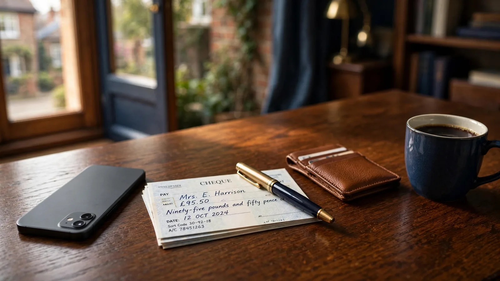 British cheques, pen, and a face-down smartphone on a wooden desk.