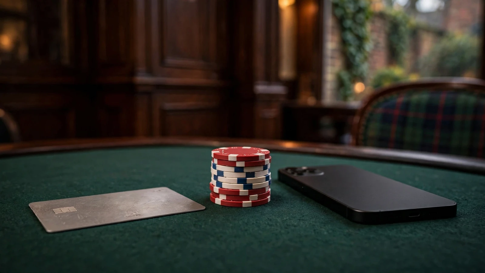 Credit card, face-down smartphone and casino chips on green felt in a British interior