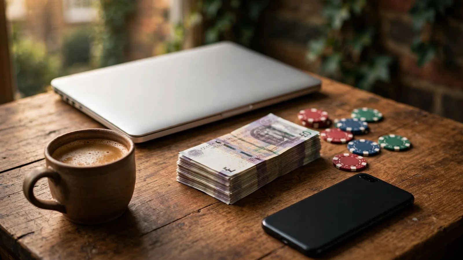 UK casino cashier desk scene with hidden laptop, pound notes and chips
