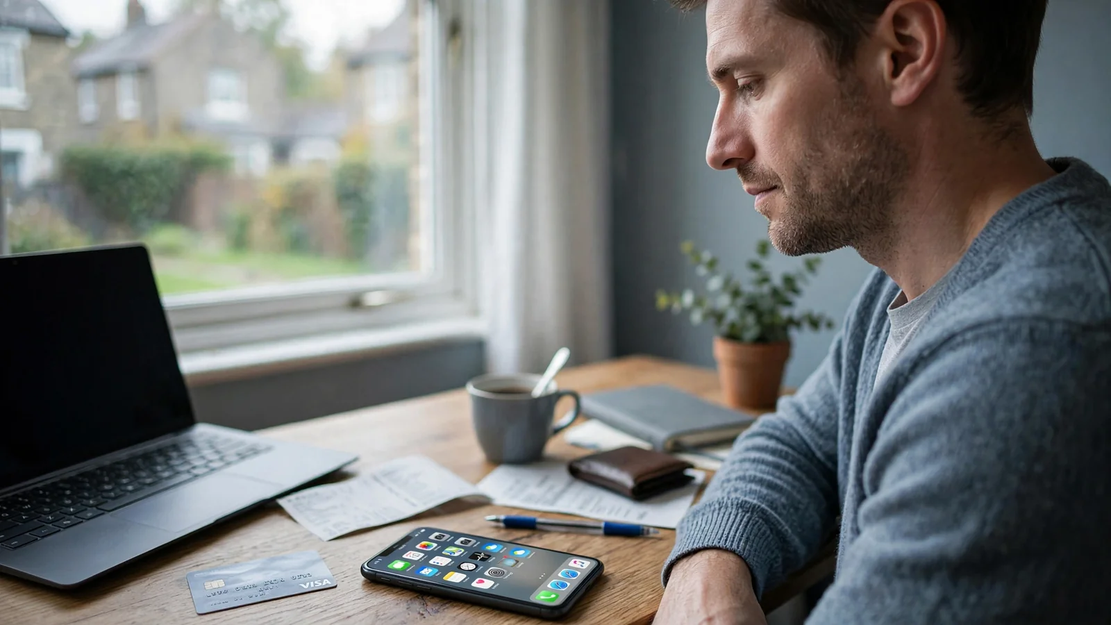 Person in UK home reviewing payment options on a laptop