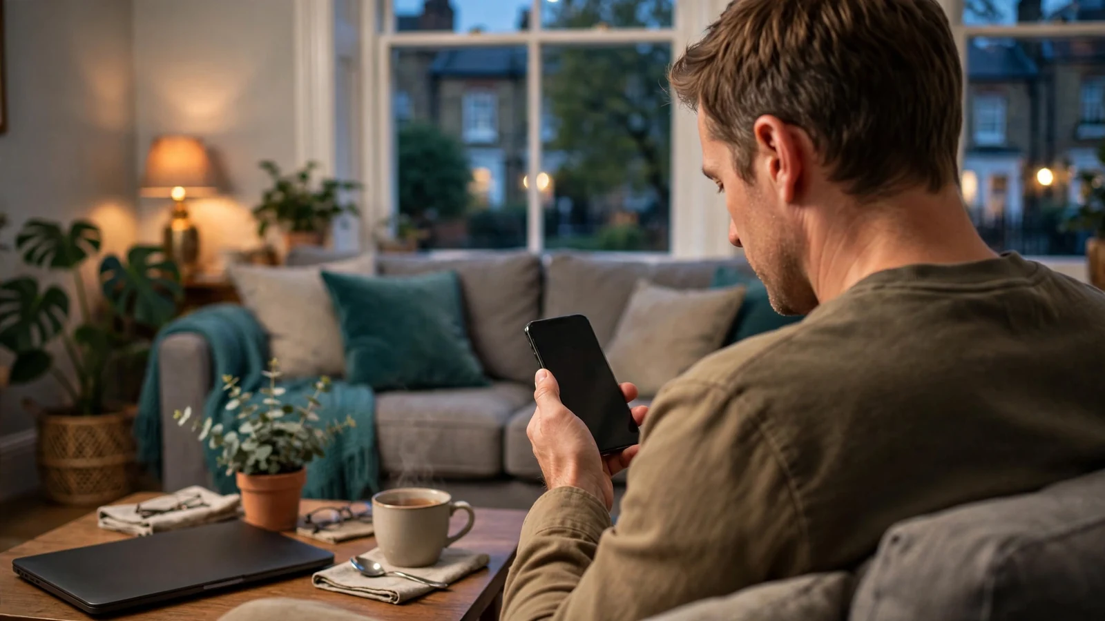 Person at home in London reviewing online casino payment options on phone