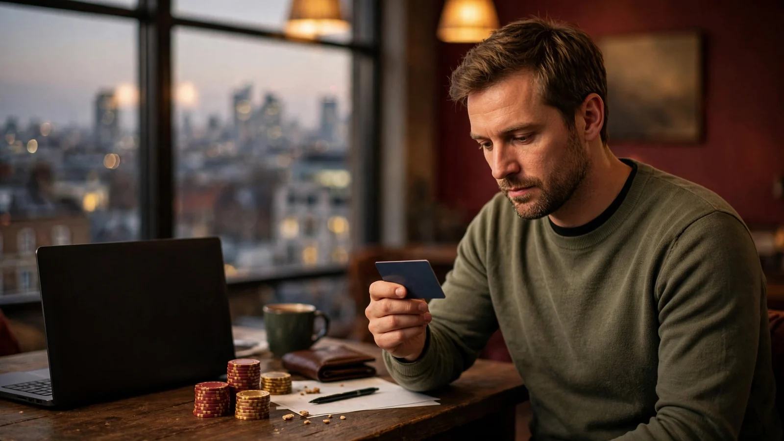 UK player examining debit card near laptop and casino chips