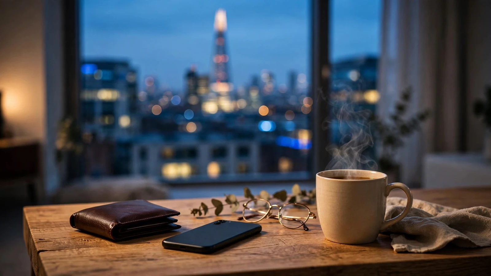 London apartment scene with wallet, phone, and tea at dusk