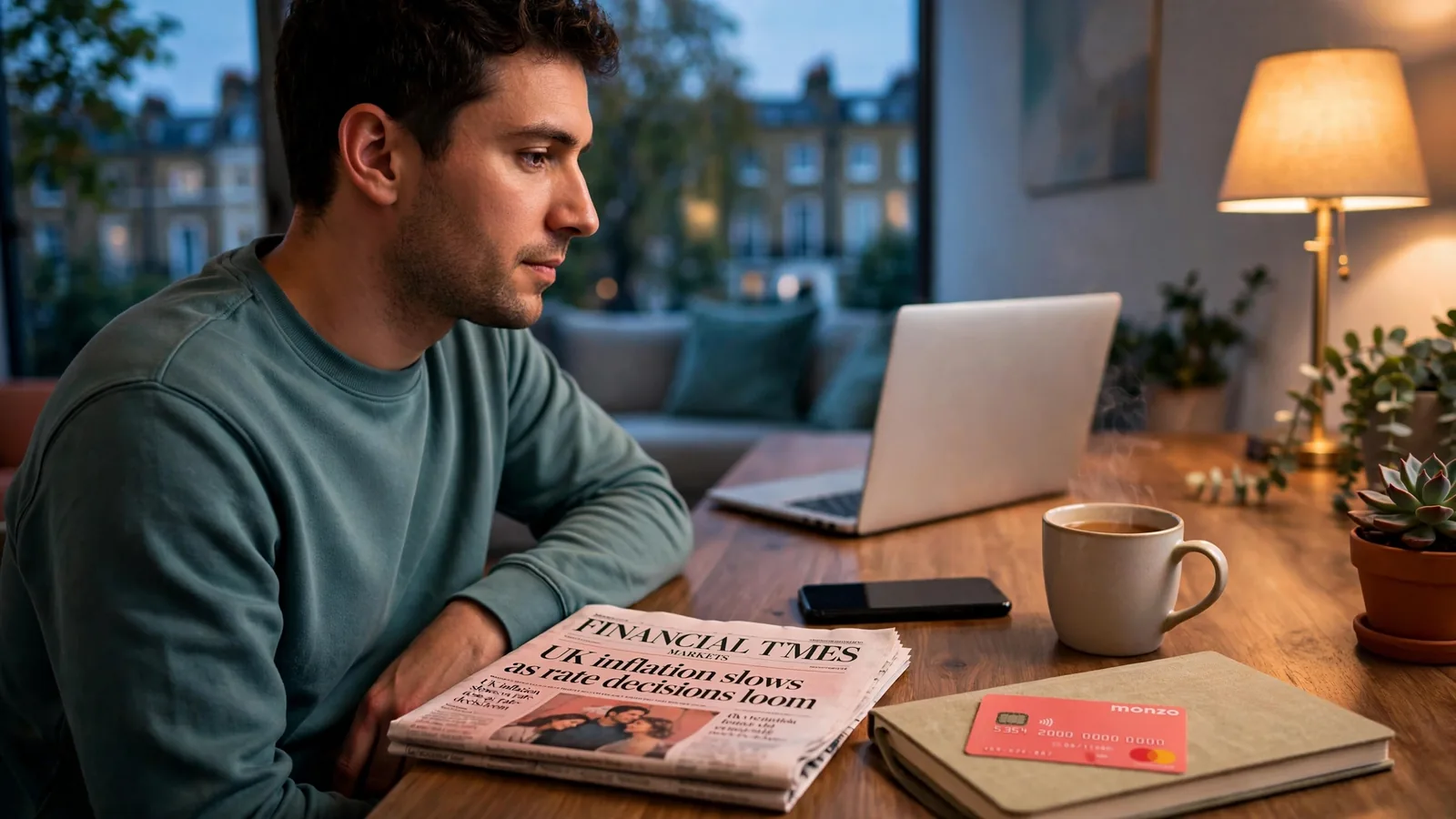 Person at a London desk with a phone, tea, and a coral bank card