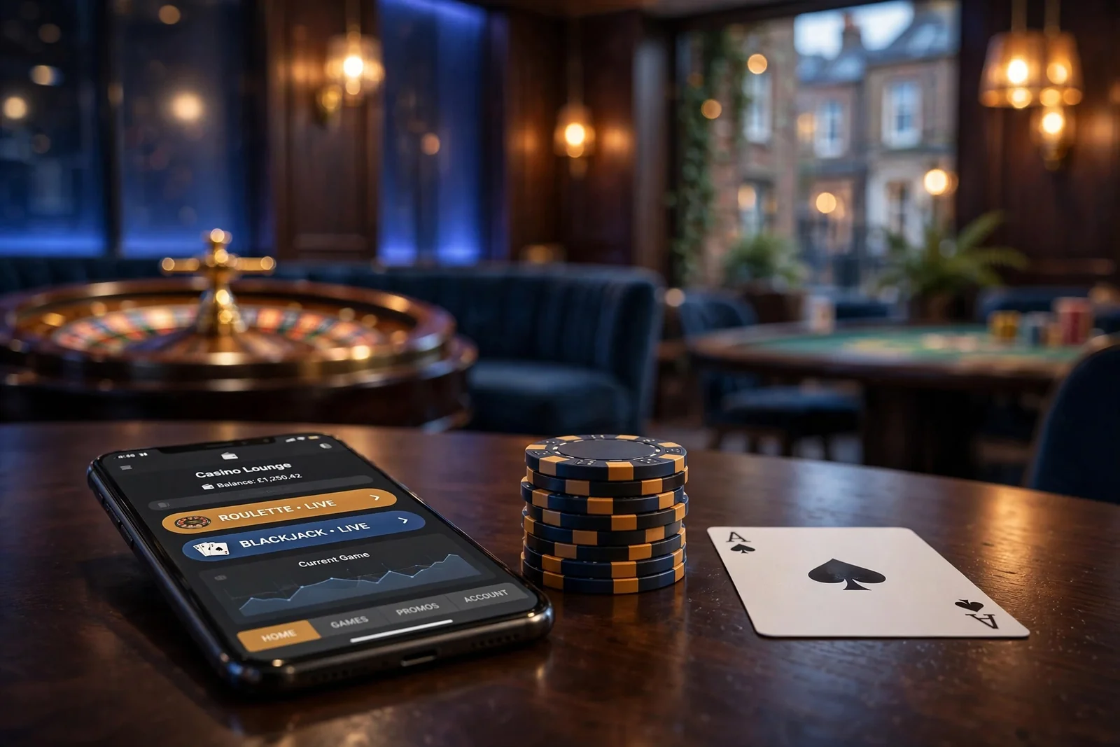 Smartphone, casino chips with roulette wheel in a British online casino setting