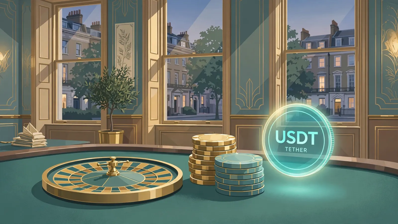 Illustration of a Tether cryptocurrency coin beside casino chips and a roulette wheel in a British casino setting.