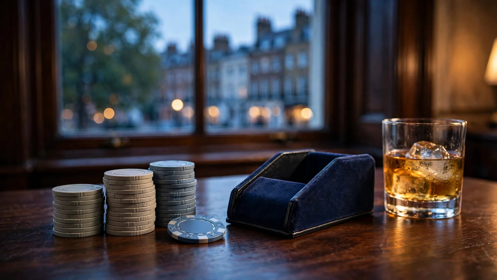Casino chips and a USDC token on a dark table with a London skyline at dusk.