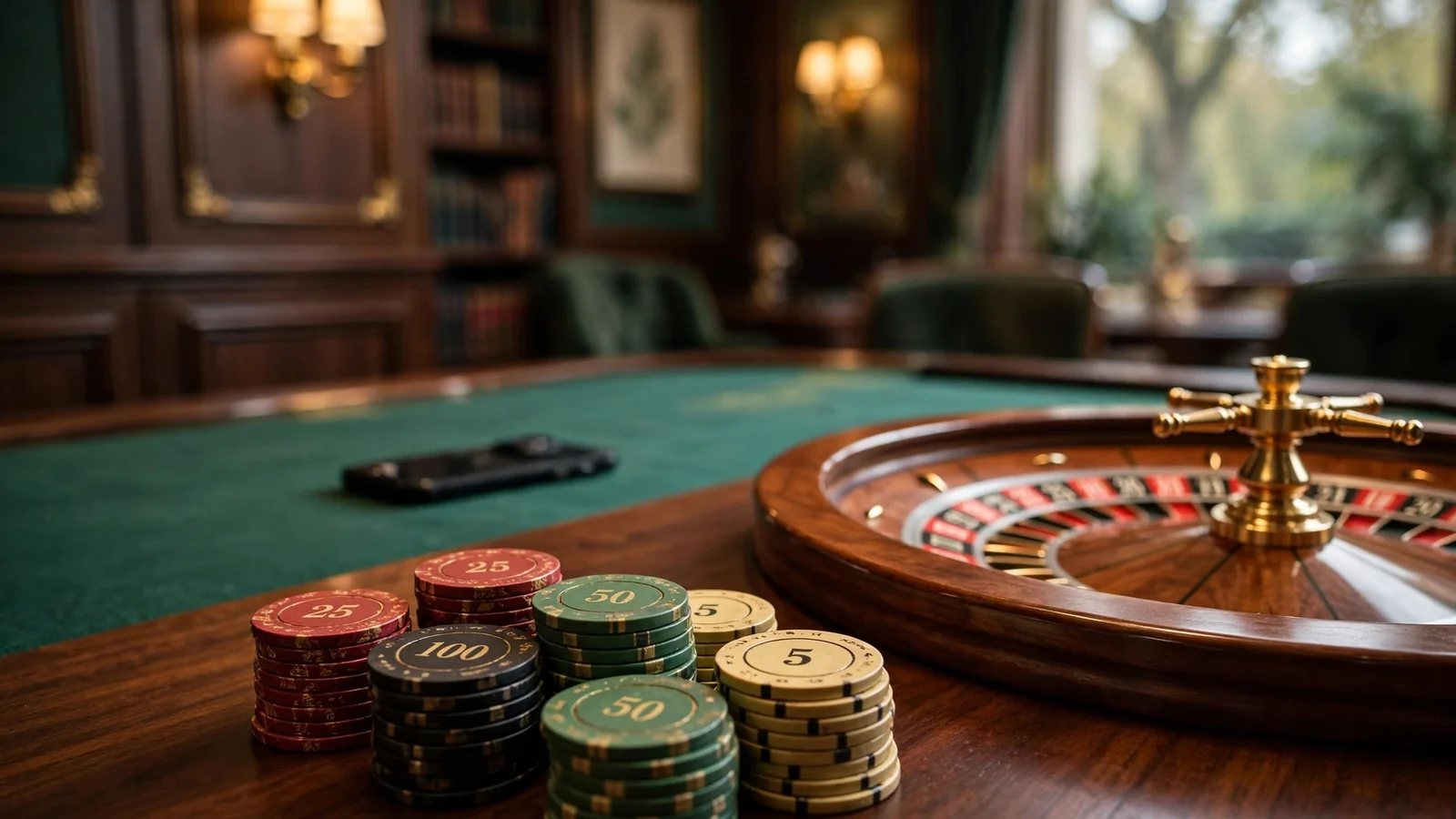Casino table with roulette wheel, stacked chips, and a face-down phone suggesting a fast withdrawal.