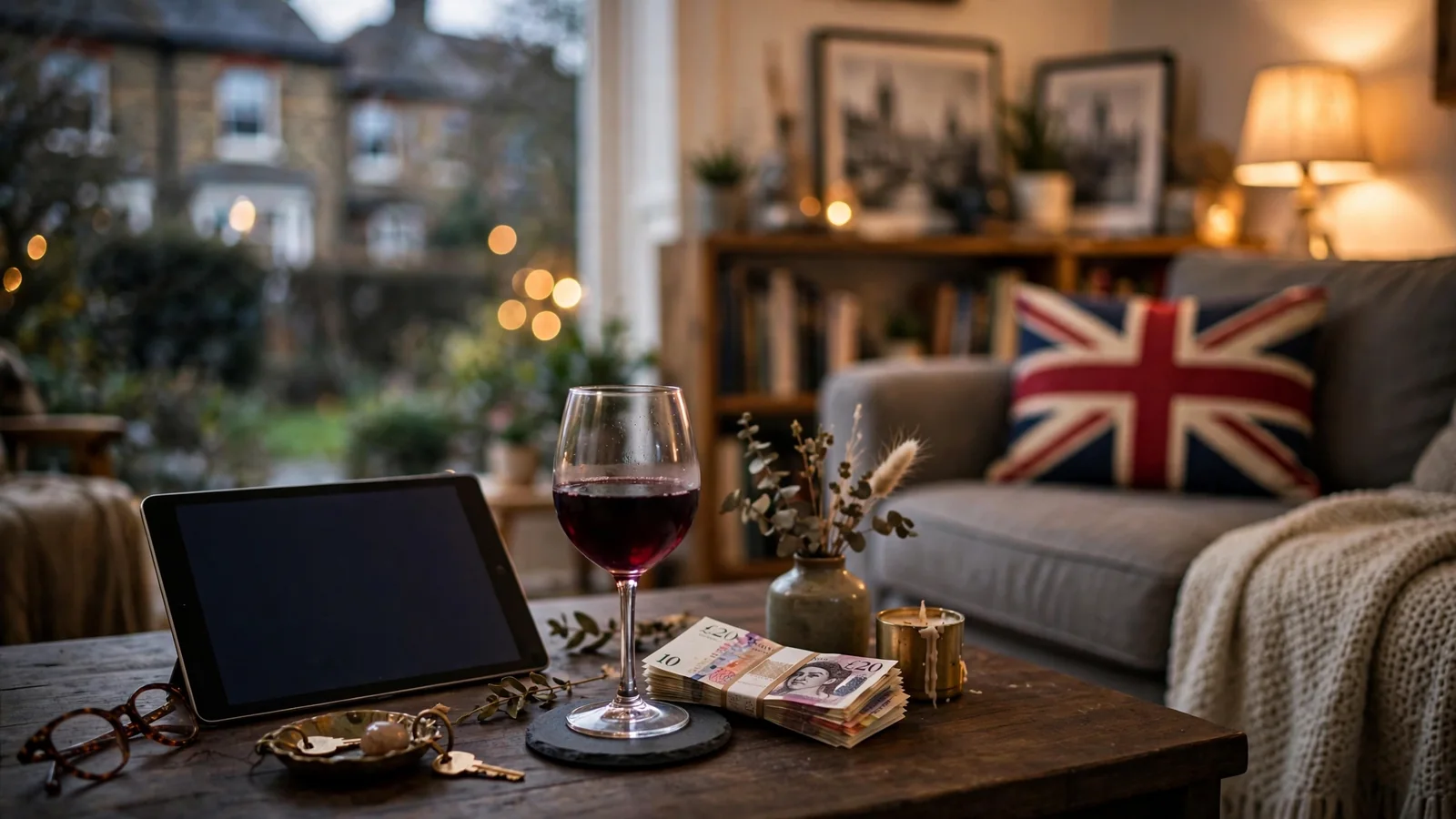 iPad on a coffee table with casino chips and a roulette wheel in a British living room