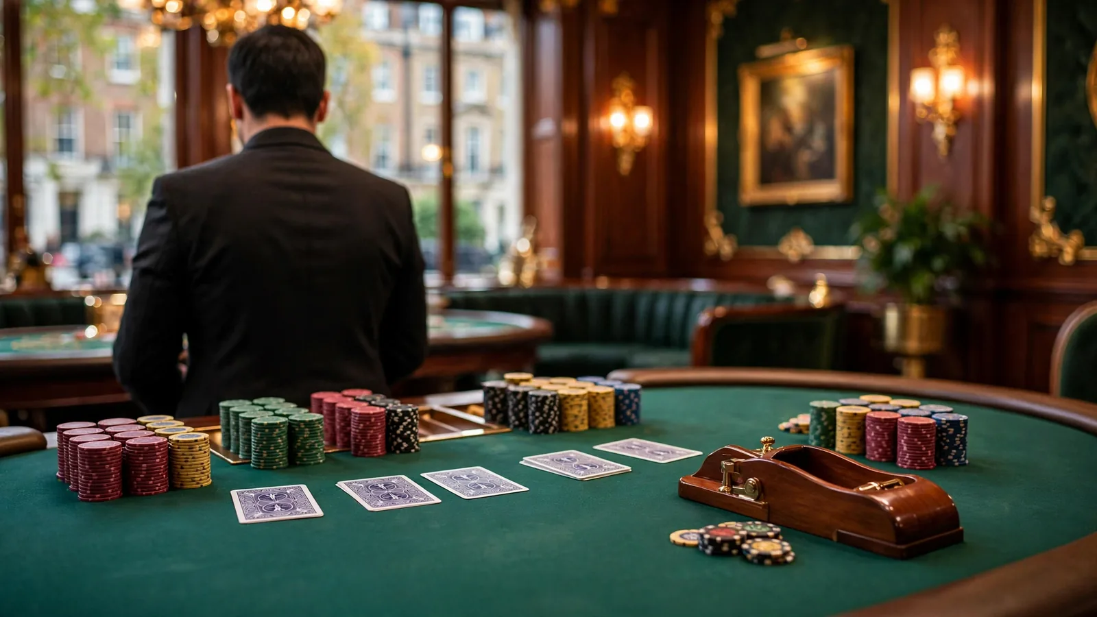 Elegant live baccarat table with dealer and chips in a luxury British casino studio.