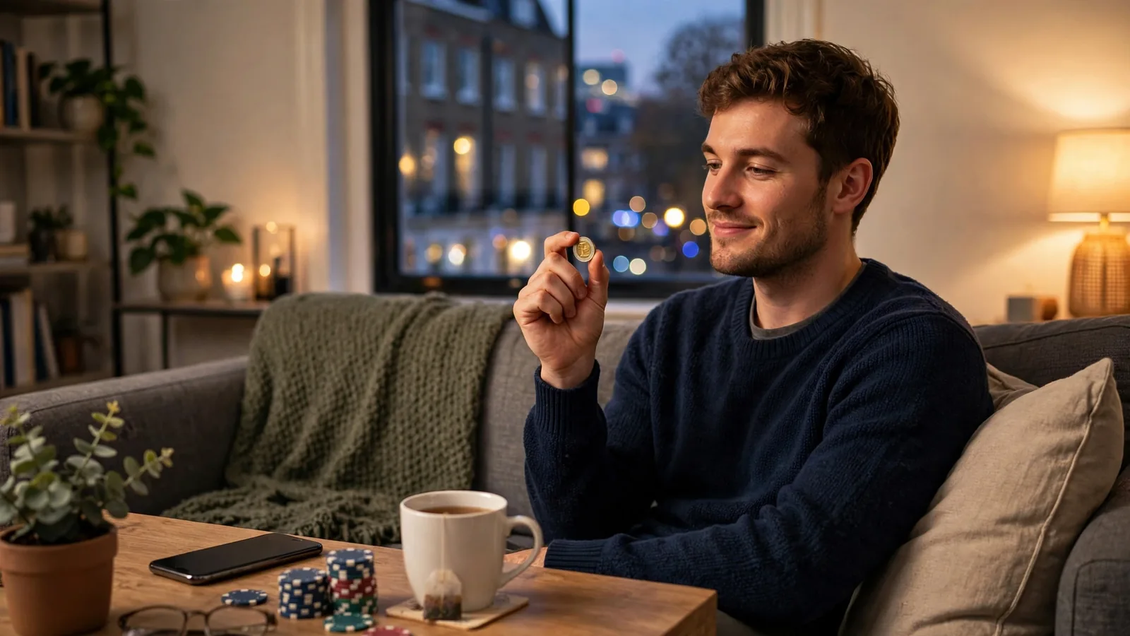 Person holding a one-pound coin near a small stack of chips on a coffee table in a London flat.