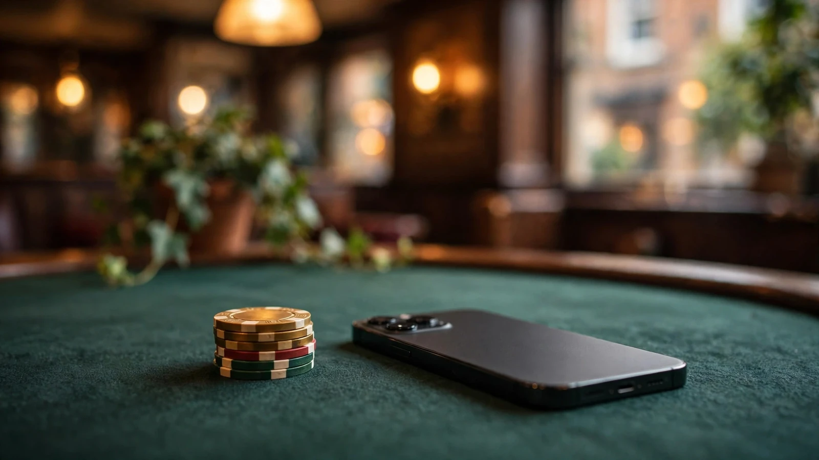 Smartphone on a casino table with poker chips, suggesting mobile SMS deposit payments.
