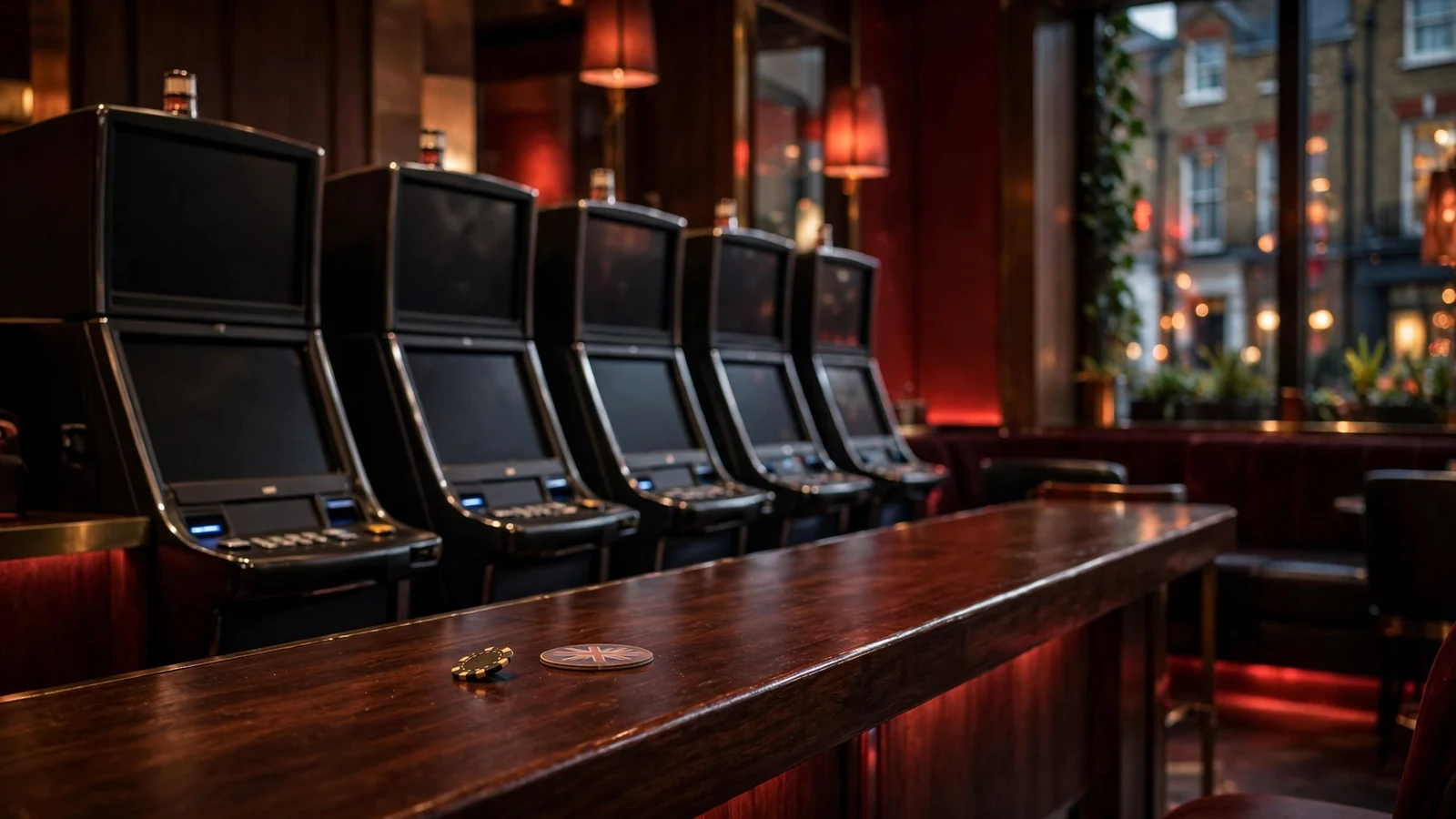 Dimly lit UK casino lounge with idle slot machines turned away from view