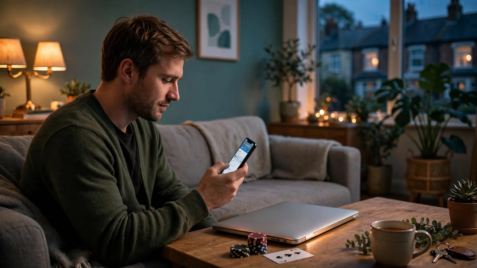 Person using smartphone at home with casino chips on table