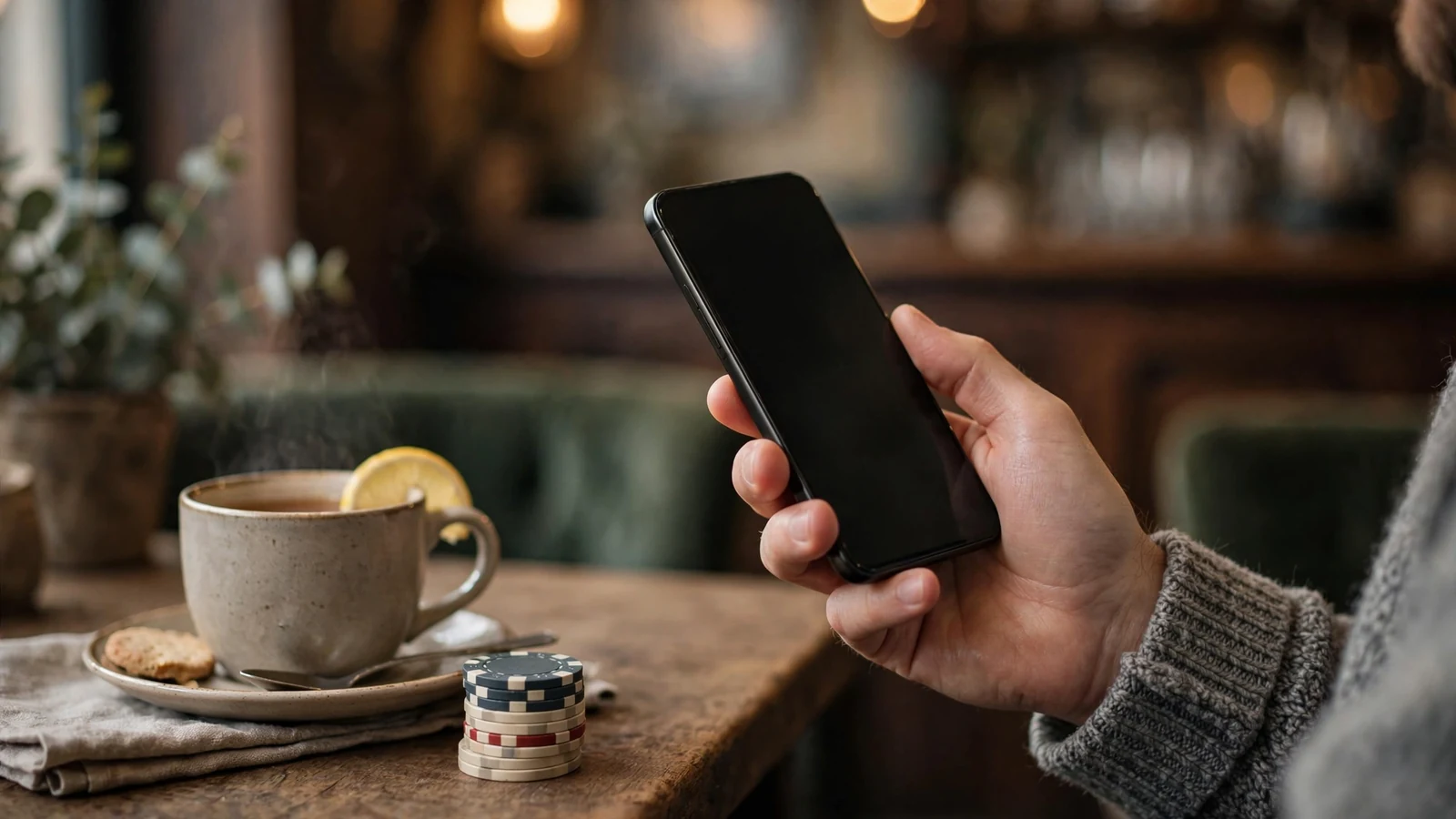 Hand holding smartphone near casino chips in a British pub setting