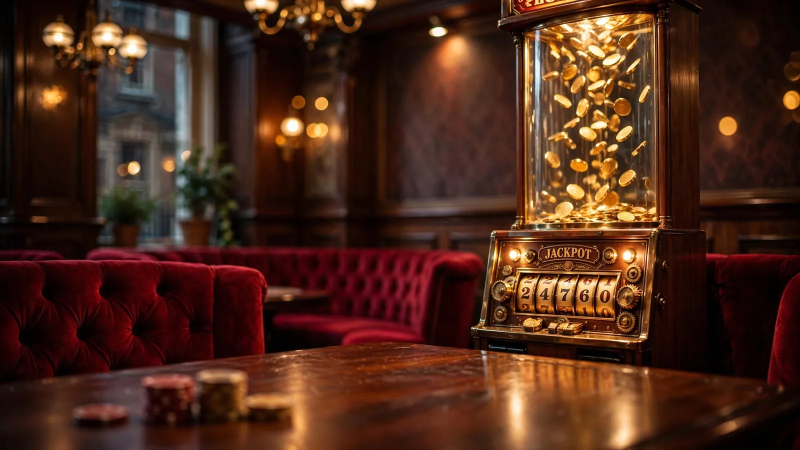 Moody British casino lounge with glowing jackpot counter and golden coins