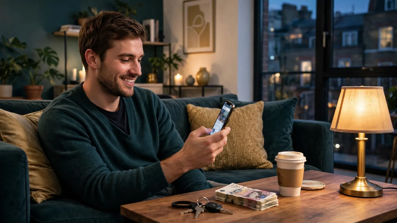 Smiling man checking smartphone with pound notes on table in London apartment