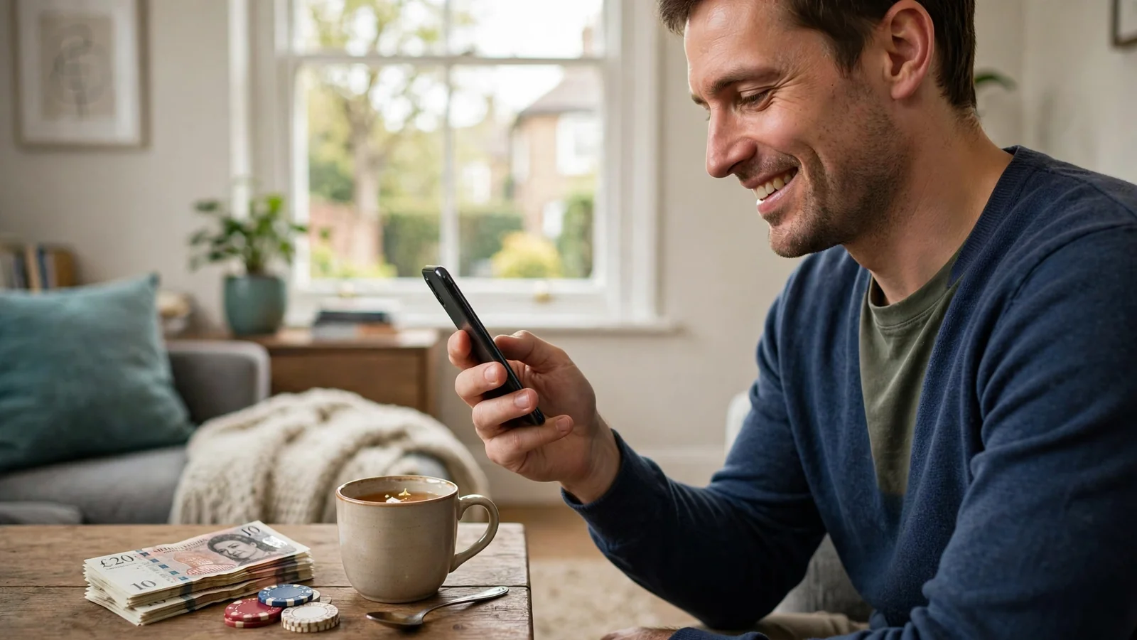 Person holding a smartphone near pound notes and casino chips on a coffee table.