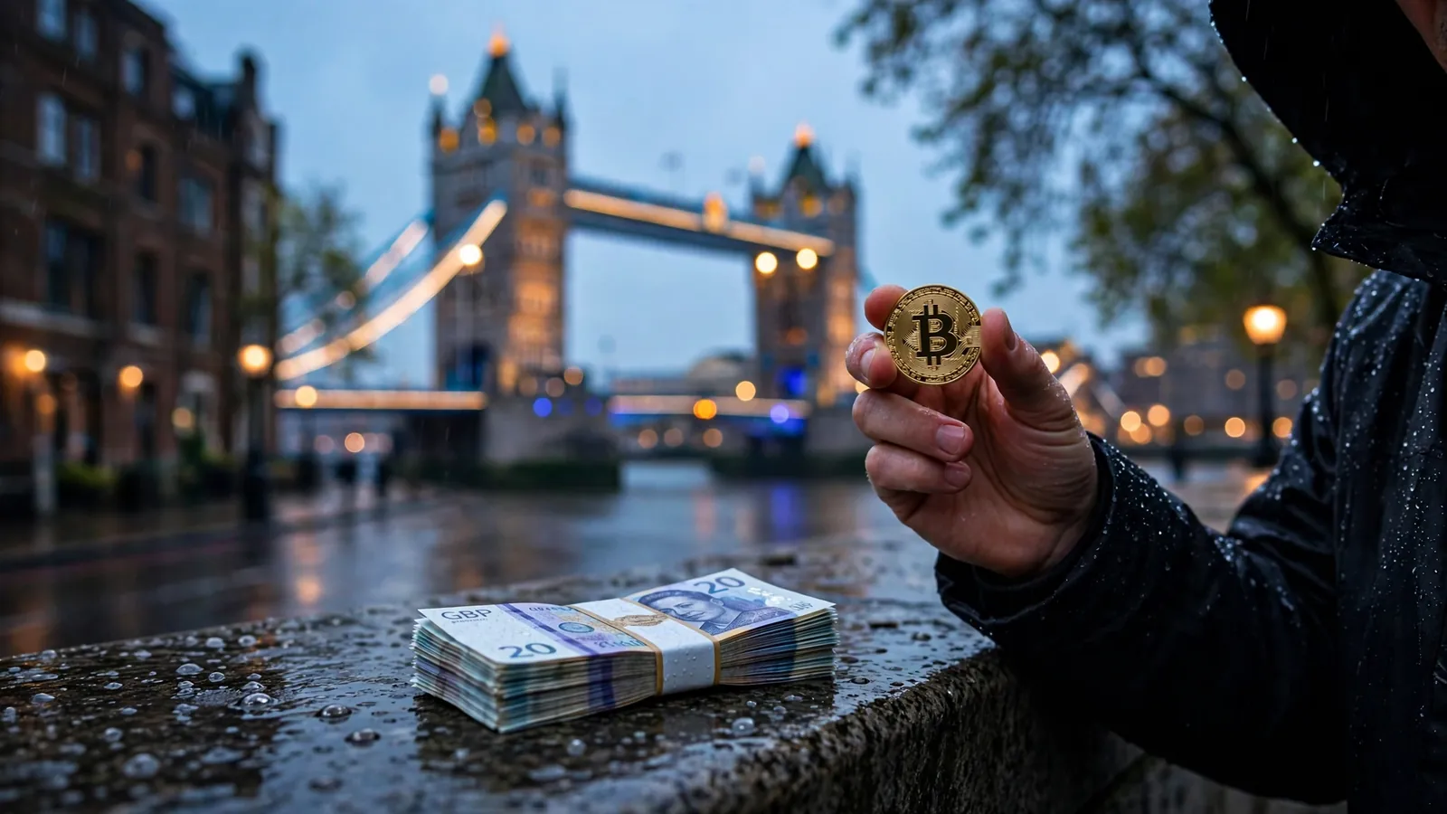 Hooded figure in London holding Bitcoin token near pound notes at dusk